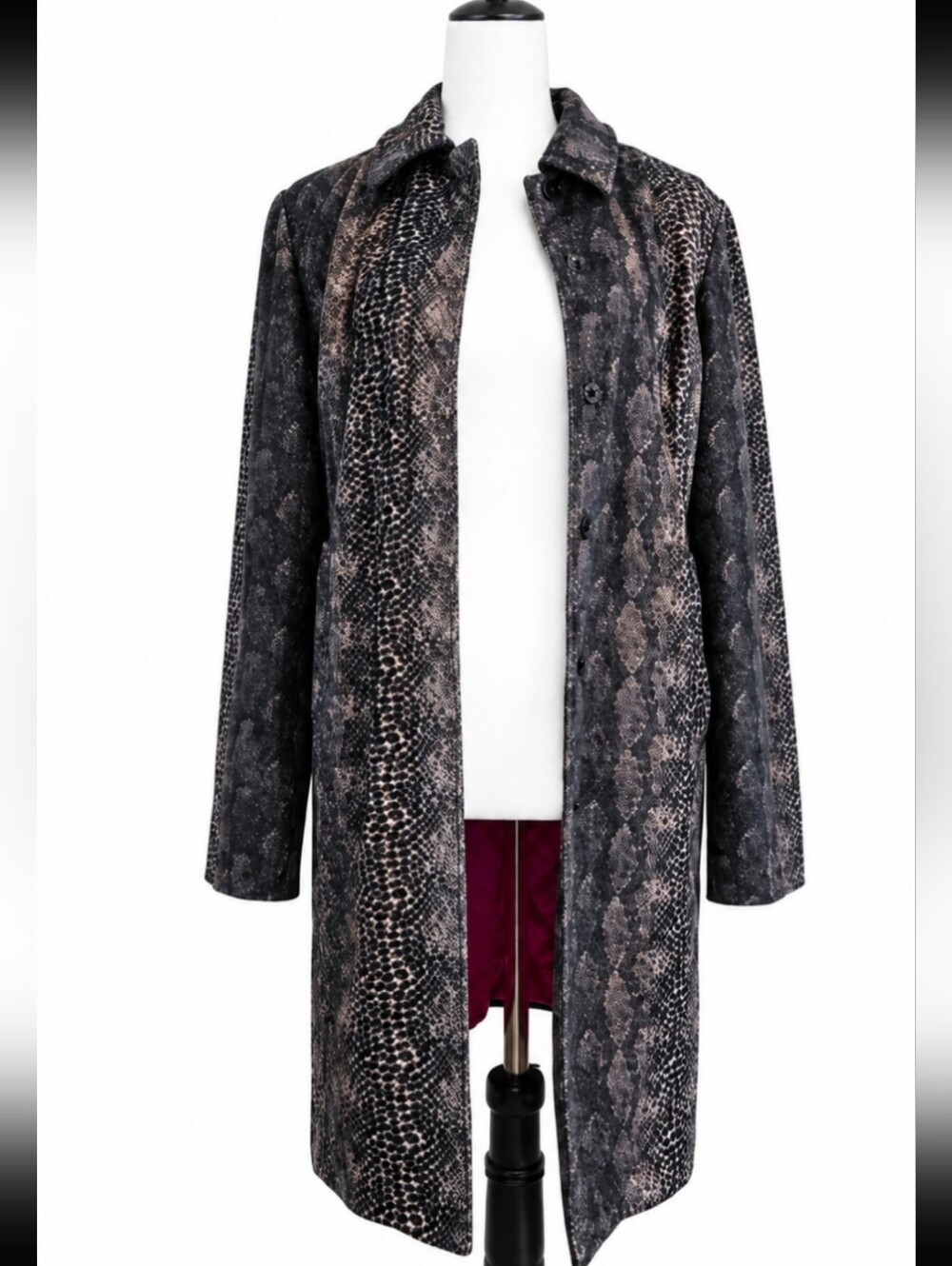 Vintage Guess Black Gray Snakeskin Print Mid Length Coat Jacket Womens Medium - Picture 2 of 11